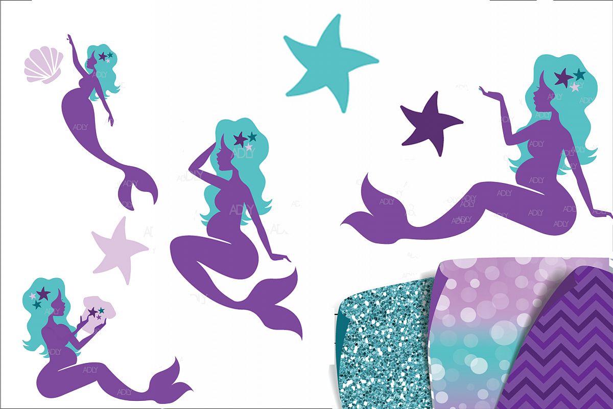 Pregnant Purple,Turquoise Mermaid with Starfish and Seashell example image 1
