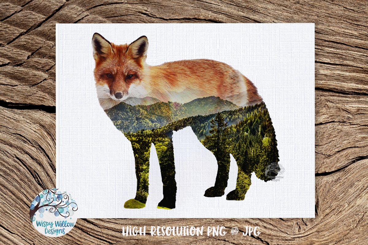 Double Exposure Mountain Fox PNG | Sublimation example image 1