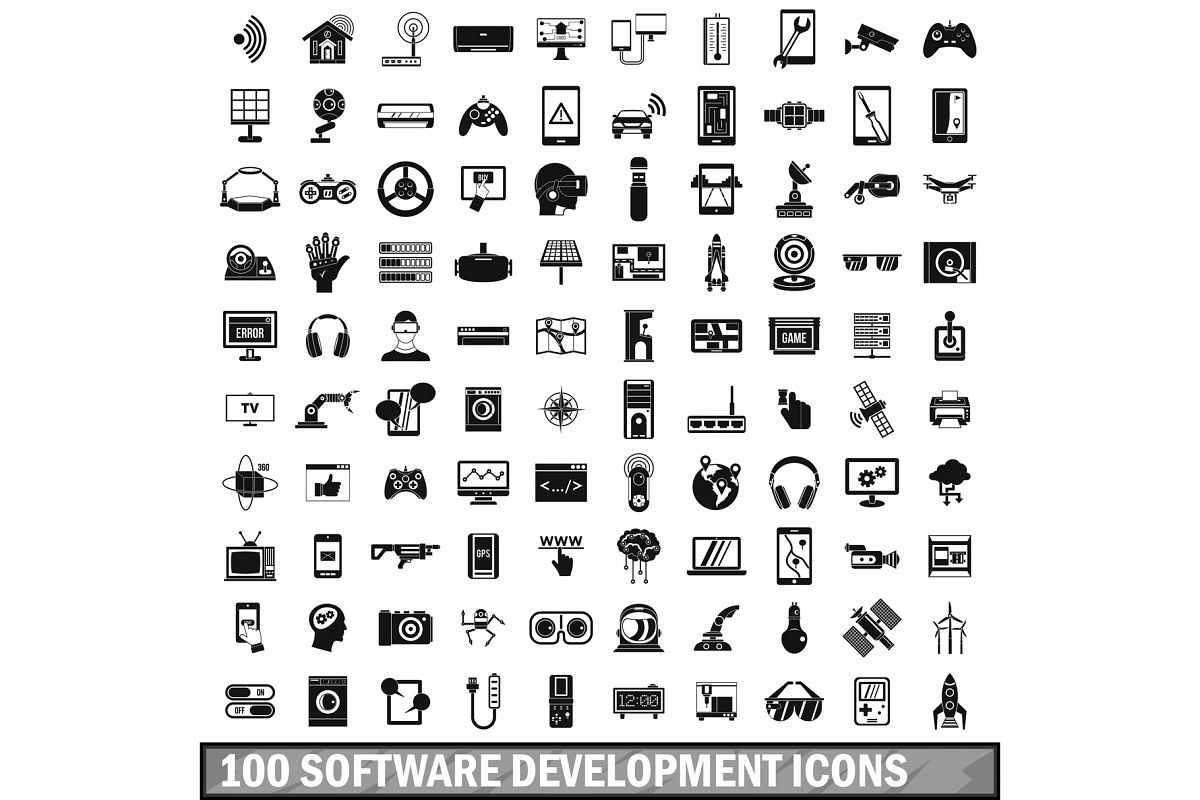 100 software development icons set, simple style example image 1