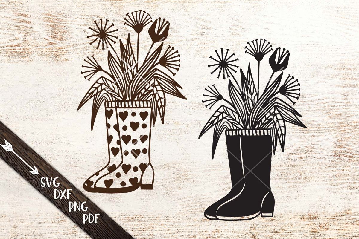 Wellies rain boots with flowers svg dxf cutting templates example image 1