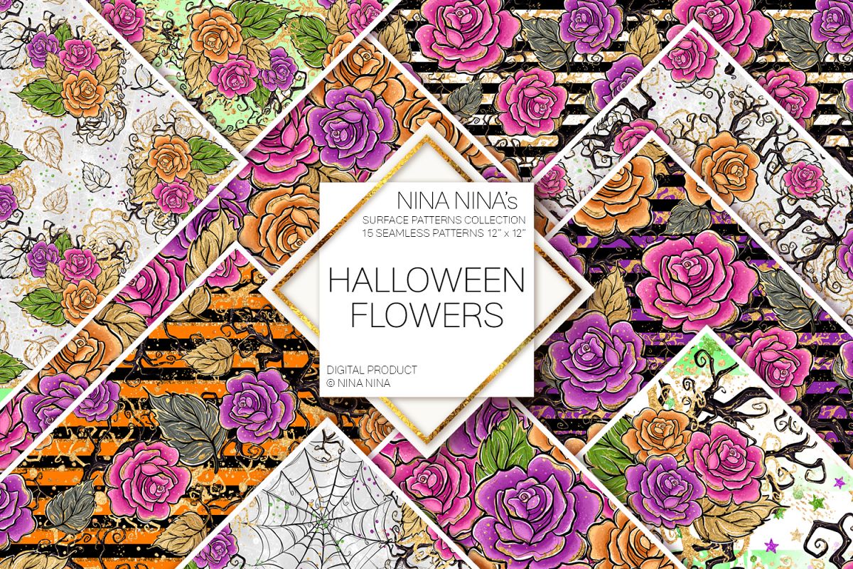 Halloween Flowers Seamless Patterns, Roses Digital Papers example image 1