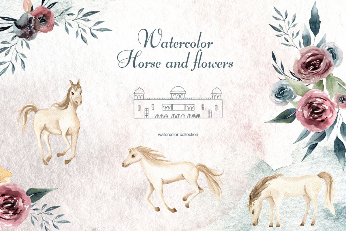 Watercolor Horse and flowers Flowers compositions Burgundy example image 1