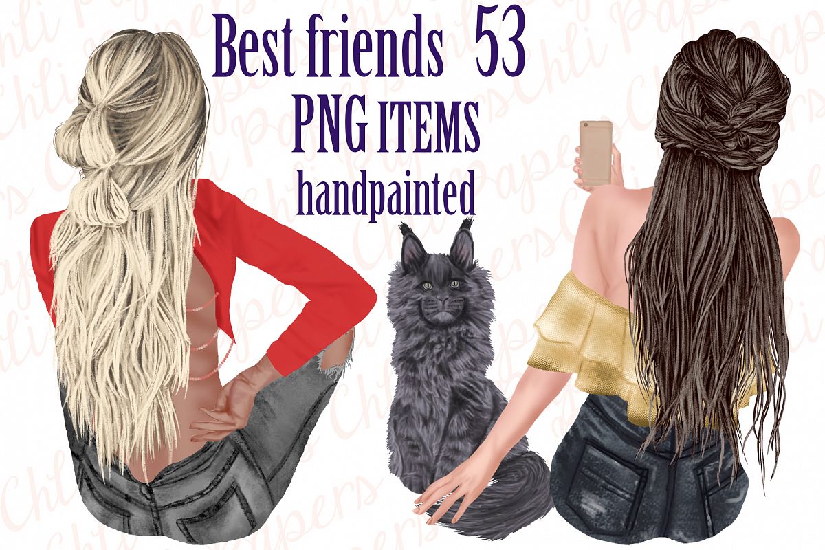 Best Friends Clipart,Girls and Cats, Fashion Girls clipart example image 1