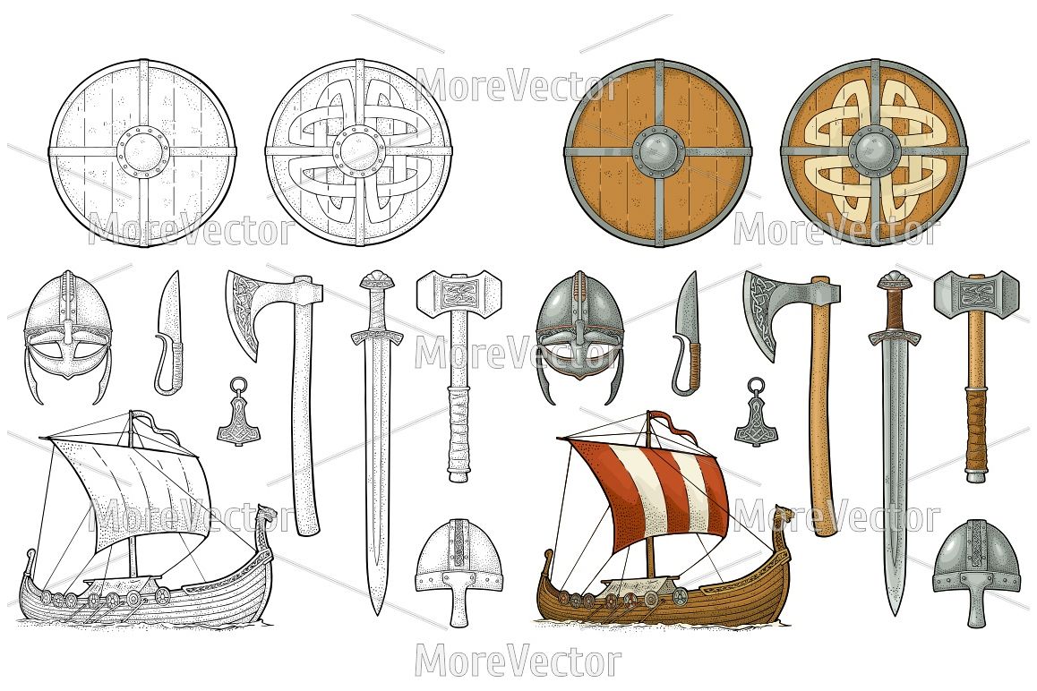 Set viking. Knife, drakkar, axe, helmet, sword, hammer, thor amulet with runes. example image 1