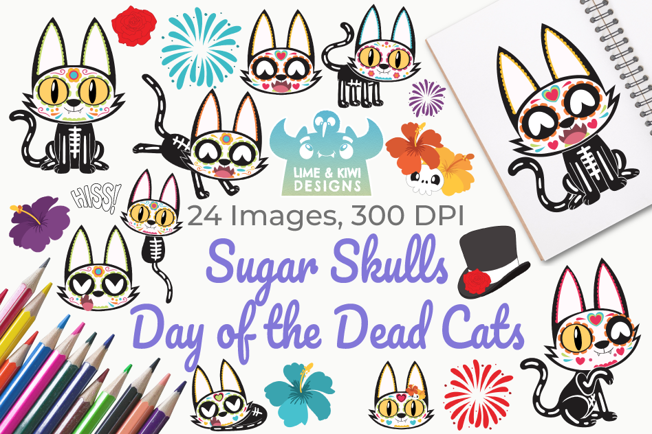 Sugar Skulls Day of the Dead Cats Clipart, Instant Download example image 1