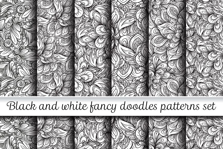 Black and white fancy doodles patterns set example image 1