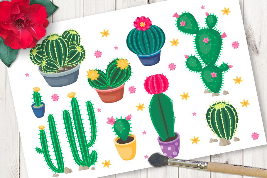 Vector collection of cartoon cute colorful cacti example image 1