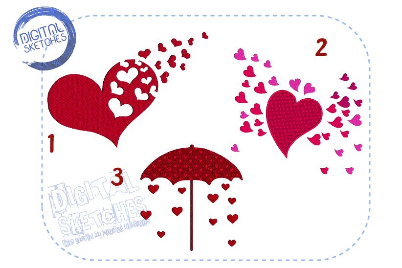 3 Designs Love Heart Rain Set Bundle Machine Embroidery example image 1