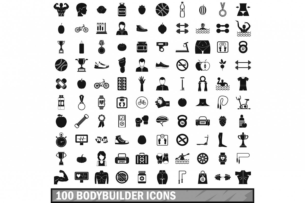 100 bodybuilder icons set, simple style example image 1