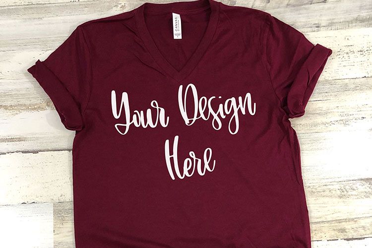 Bella 3005 Maroon V-Neck Shirt Mockup Photo - Flatlay Photo example image 1