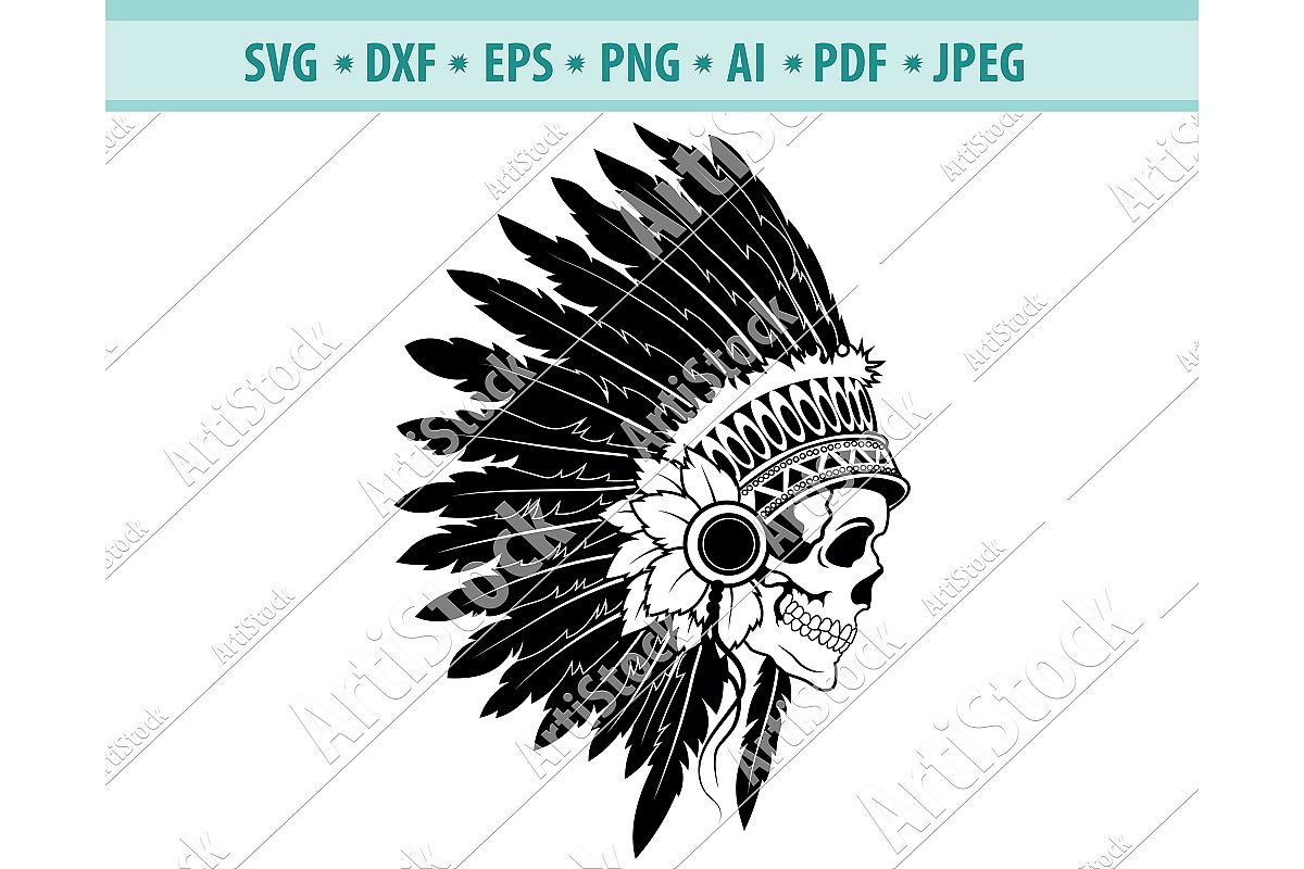 Indian Skull Svg, Head Dress Png, Skull Clipart Dxf, Eps