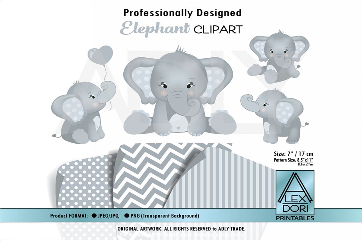 Gray Baby Cute Elephant with Adorable Poses in Clip Art example image 1
