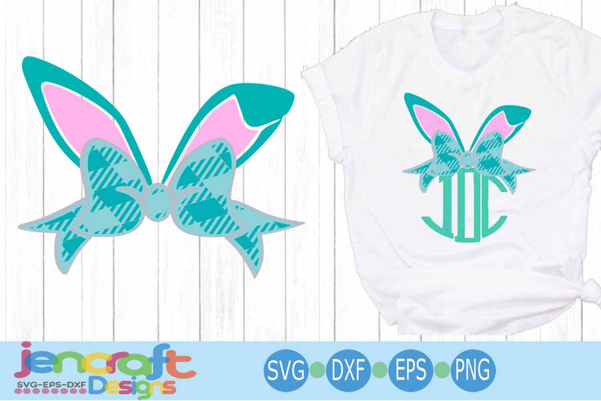 Plaid Bunny Ears Bow Monogram, Easter SVG, Bunny ears Spring example image 1