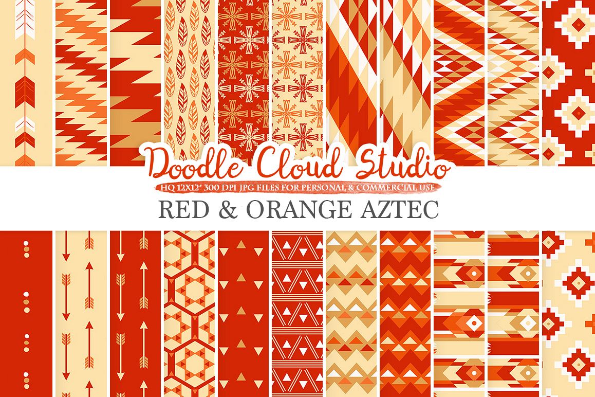 Red and Orange Aztec digital paper ,Tribal patterns native triangles geometric ethnic arrows Gold background for Personal & Commercial Use example image 1