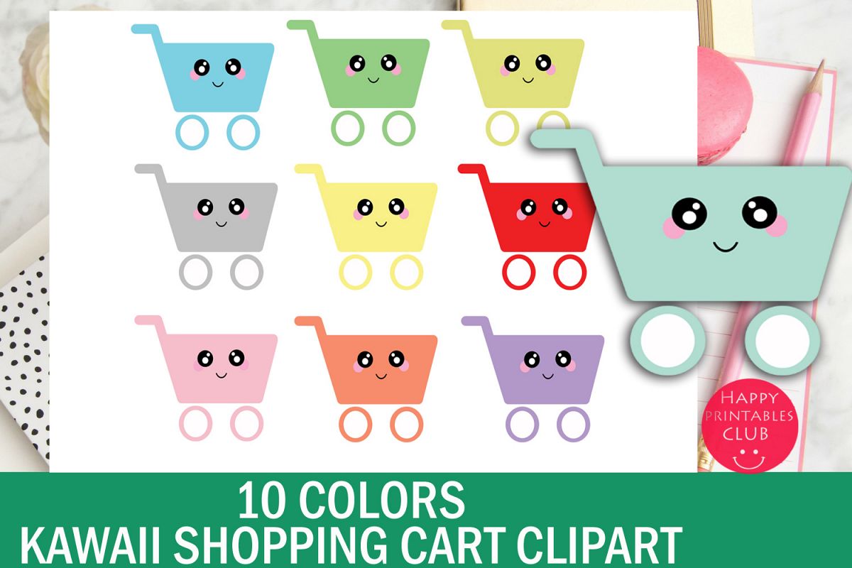 10 Colors Cute Kawaii Shopping Cart Clipart example image 1