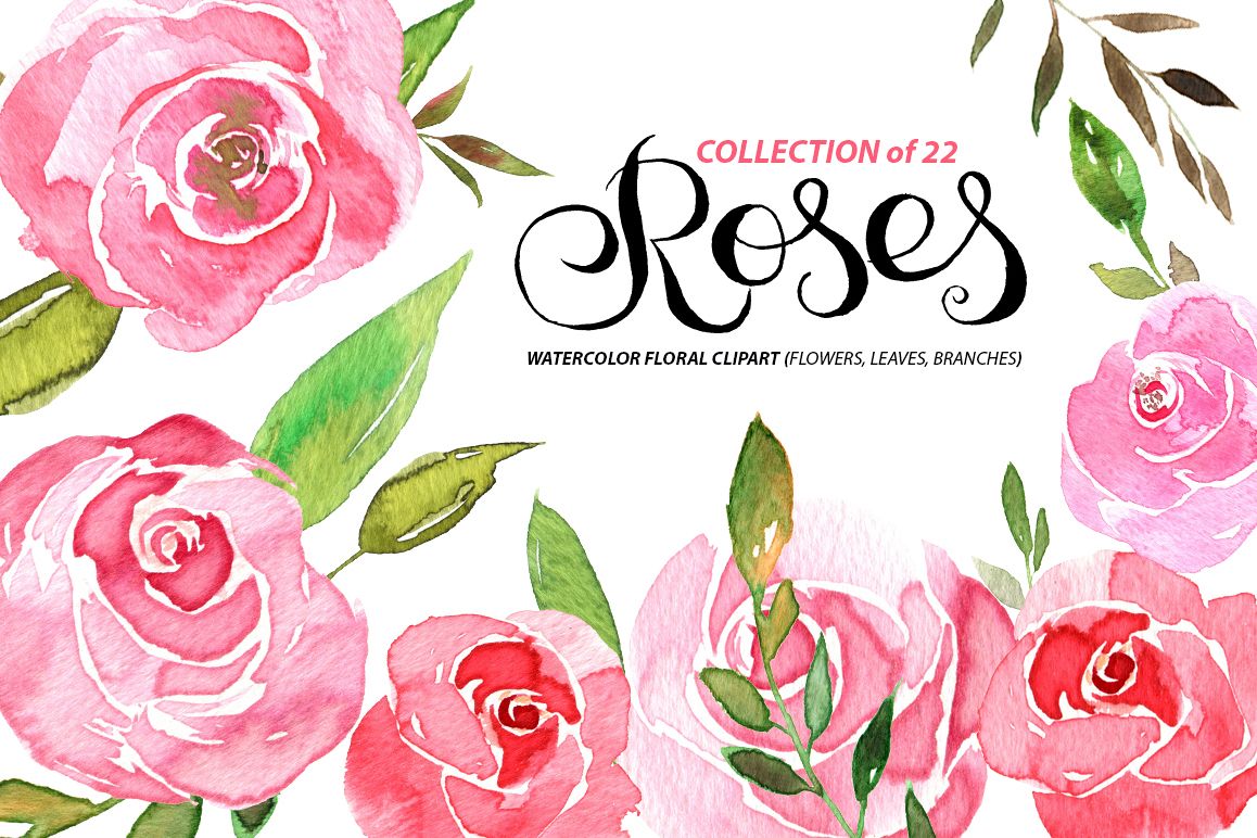 Watercolor pink roses and leaves example image 1