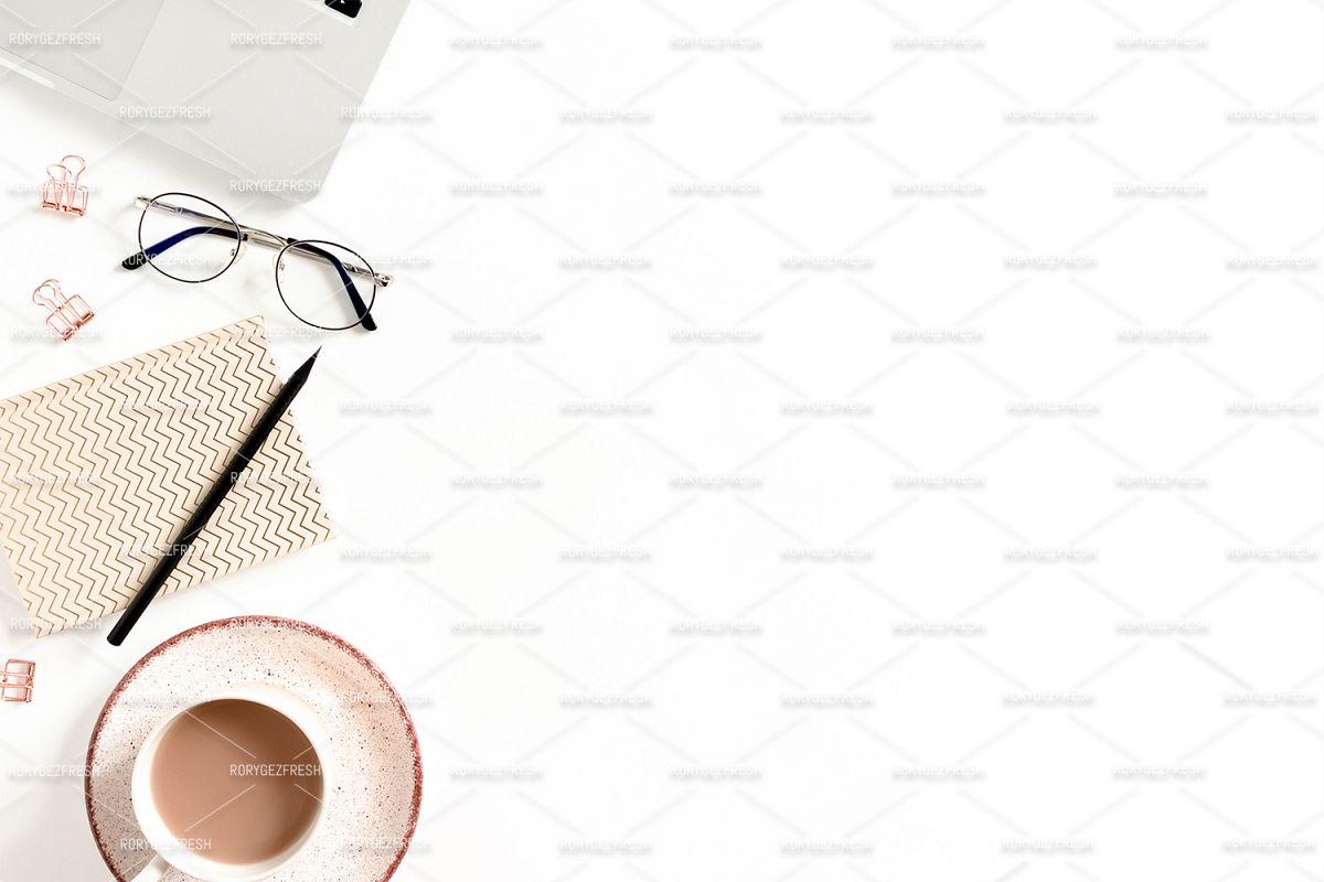 Border frame on white desk made of laptop, mug of coffee example image 1