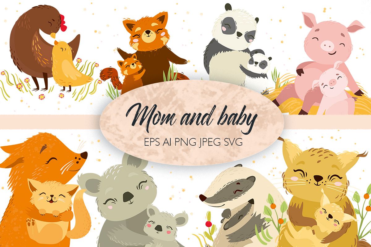 Download Cute animals. mom and baby. Svg vector animals (434126) | Illustrations | Design Bundles