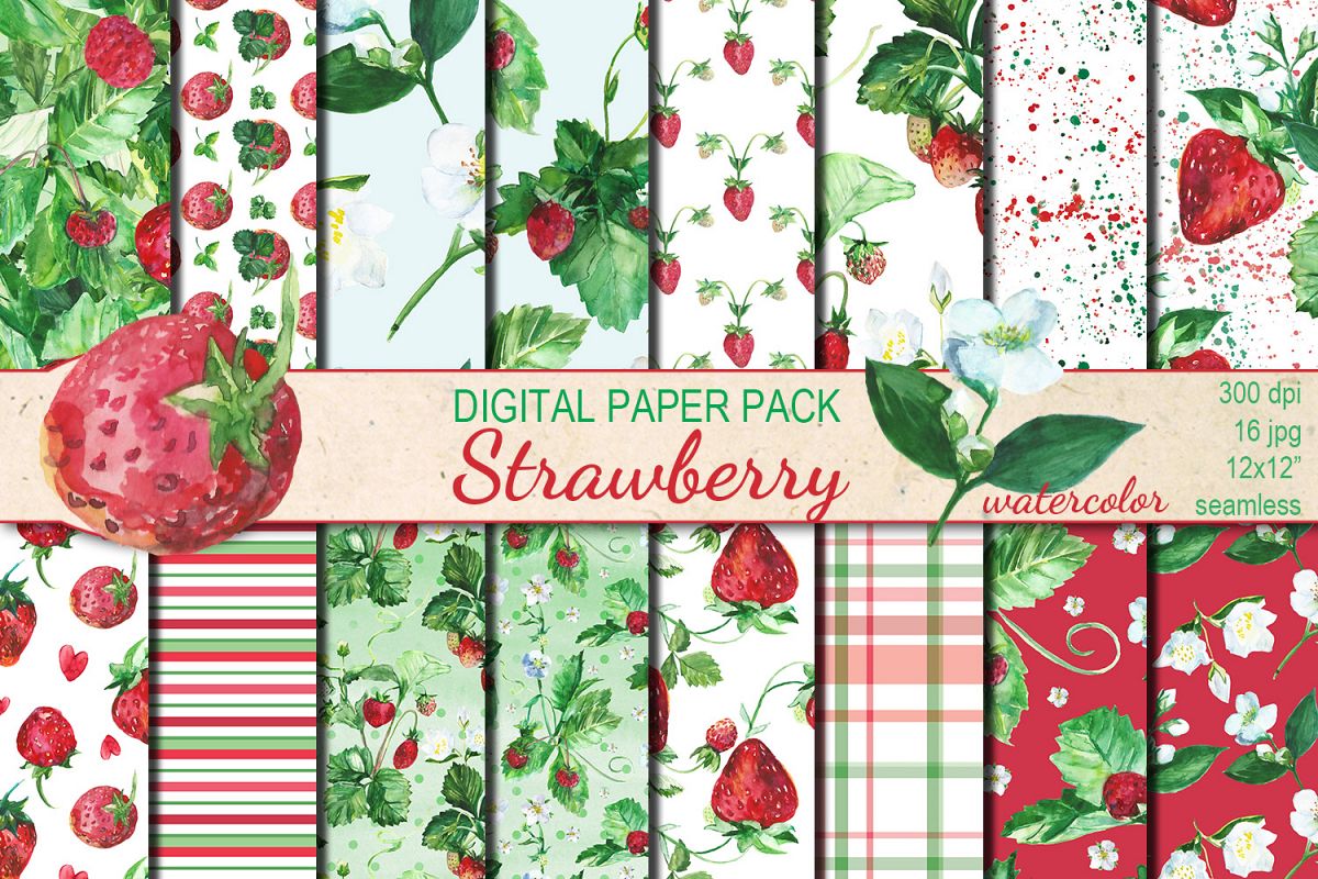 Watercolor Strawberry seamless digital paper pack example image 1