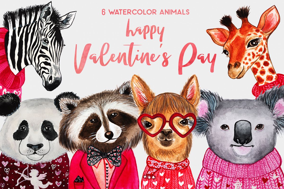 Valentine's Day. Watercolor animals example image 1