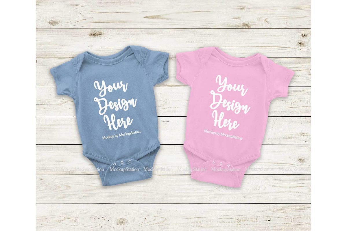 Matching Newborn Blue Pink Baby Bodysuit Mock Up Flat Lay example image 1