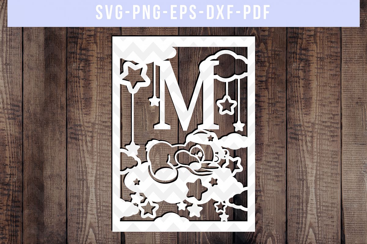 Nursery M Monogram Papercut Template, Kids Room Decor, DXF example image 1