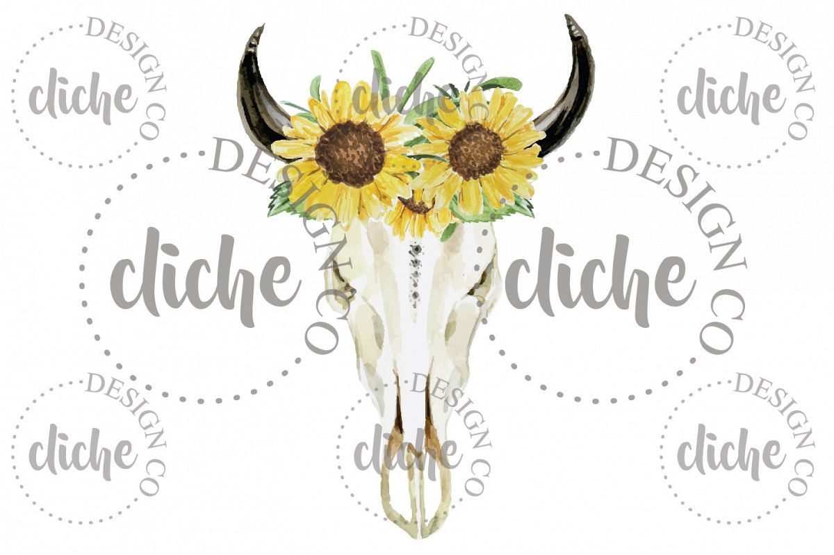 Rustic Sunflowers Floral Skull Sublimation Design example image 1