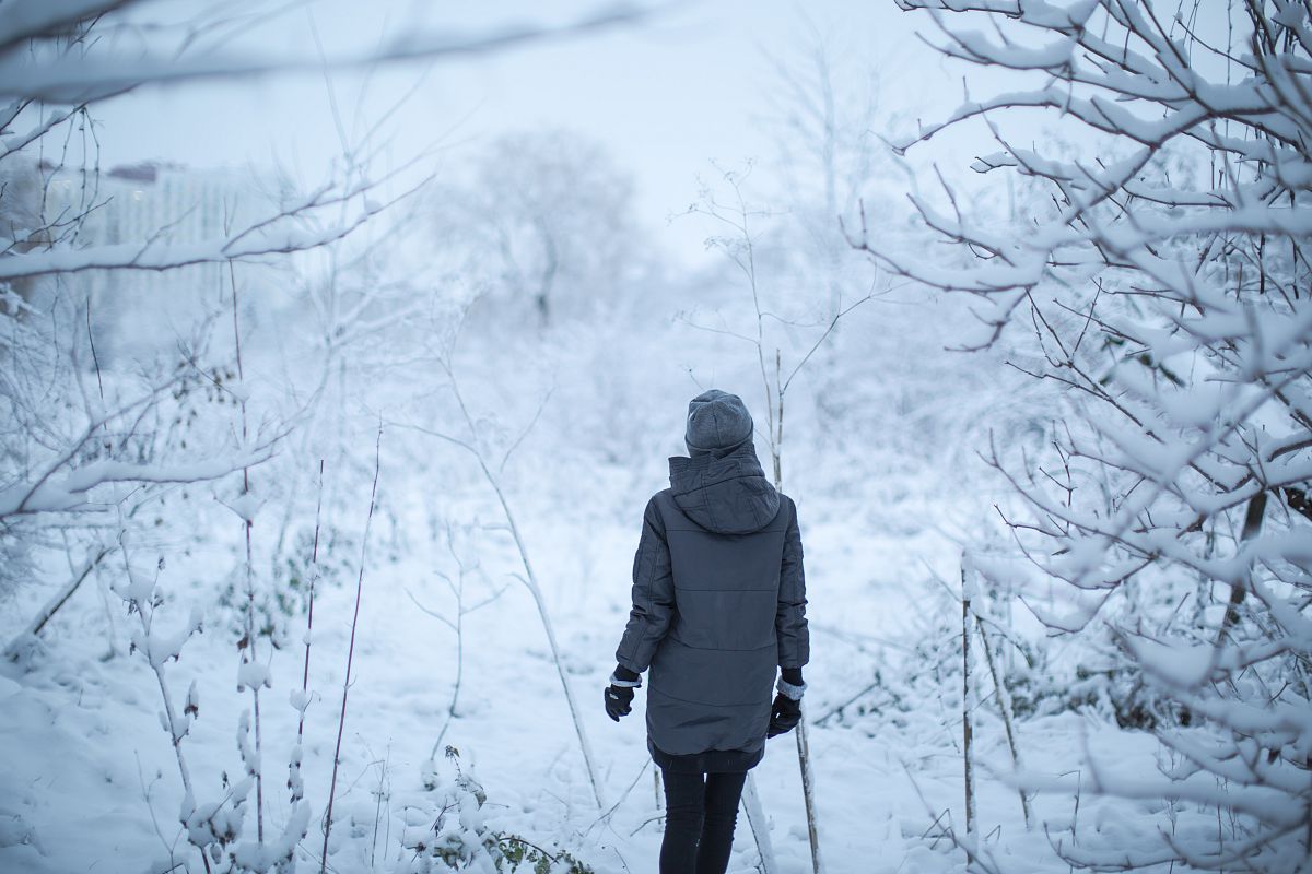 Girl playing in the woods during winter time example image 1