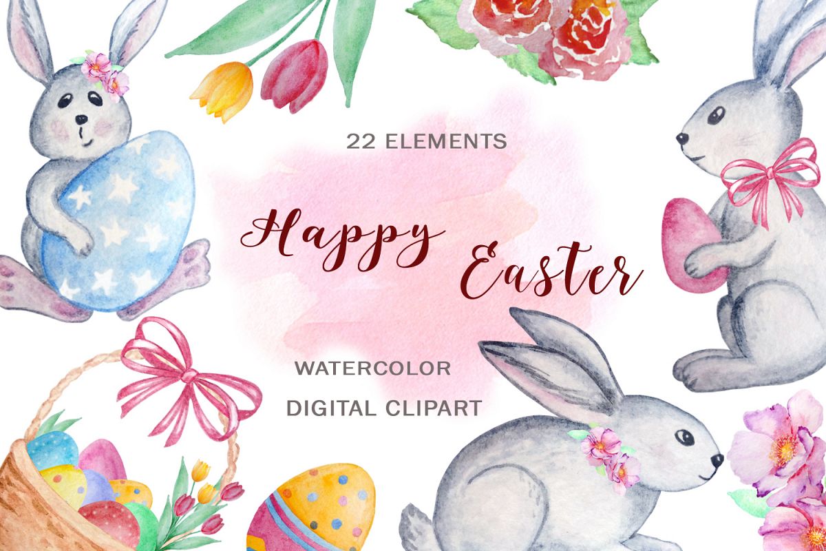 Watercolor Happy Easter Clipart Set example image 1
