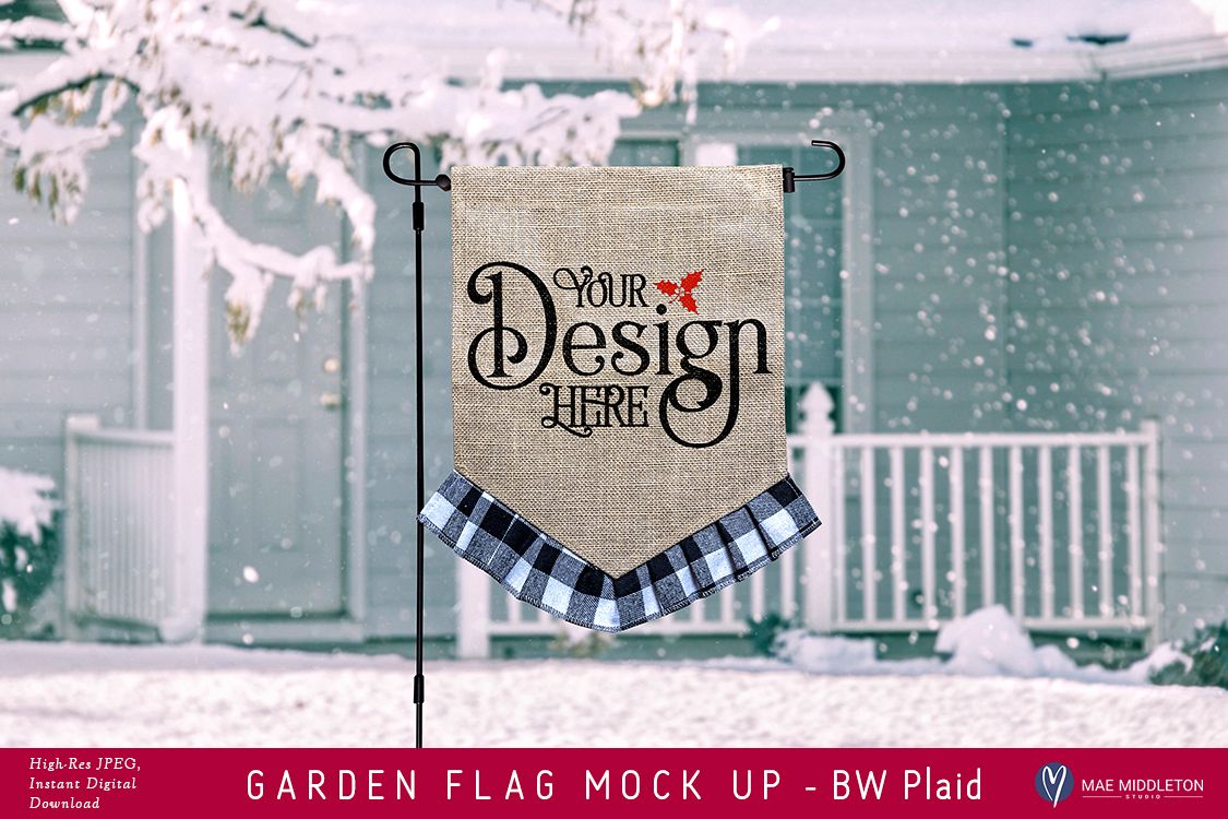 Garden Flag mock up for winter or Christmas - BW Plaid example image 1