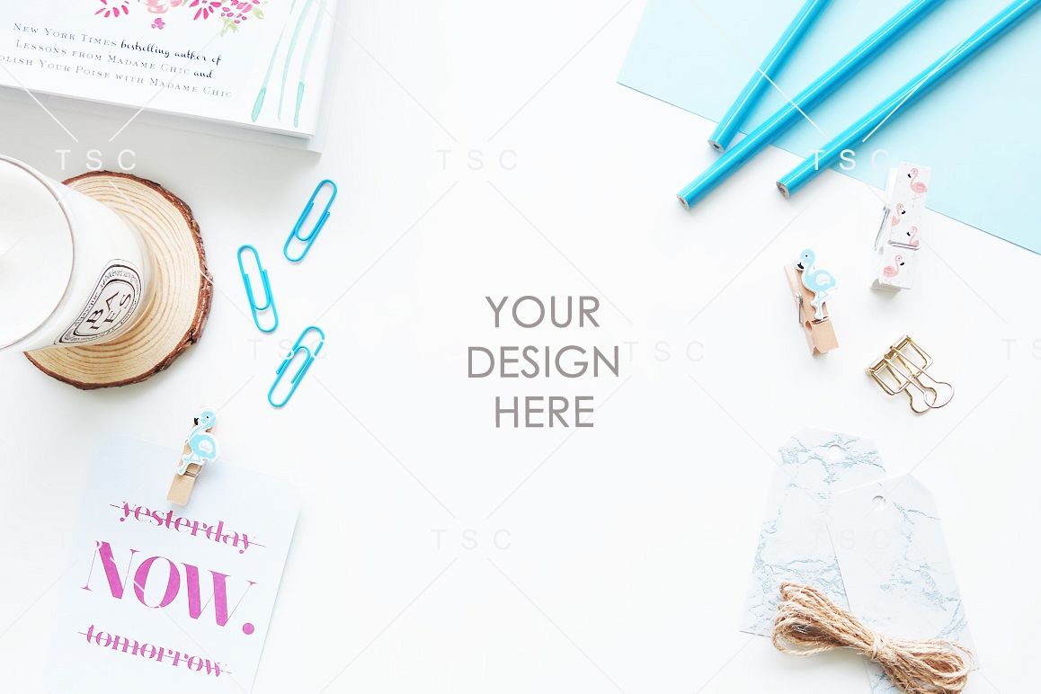Blue-themed Office Desk Styled Stock Photo example image 1