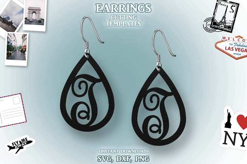 Letter T, Teardrop Monogram Earrings, SVG, Cut File, Cricut example image 1