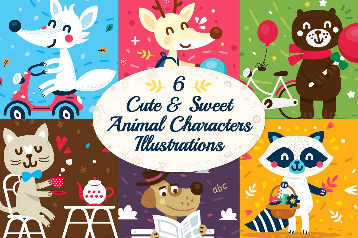 6 Cute Animal Characters Illustrations example image 1