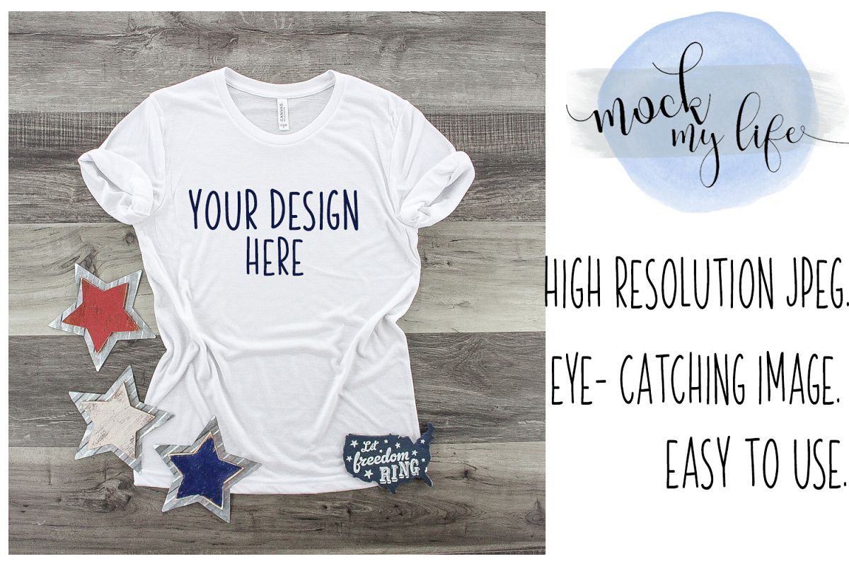 MockUp Bella Canvas White Shirt / Patriotic Flat Lay example image 1