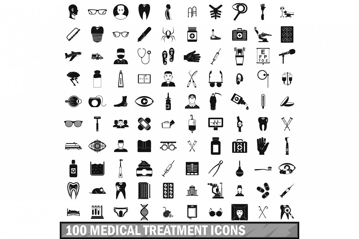 100 medical treatmet icons set, simple style example image 1