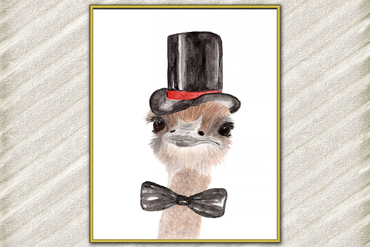 Funny Ostrich Watercolor Print, Hipster prints Nursery Decor example image 1