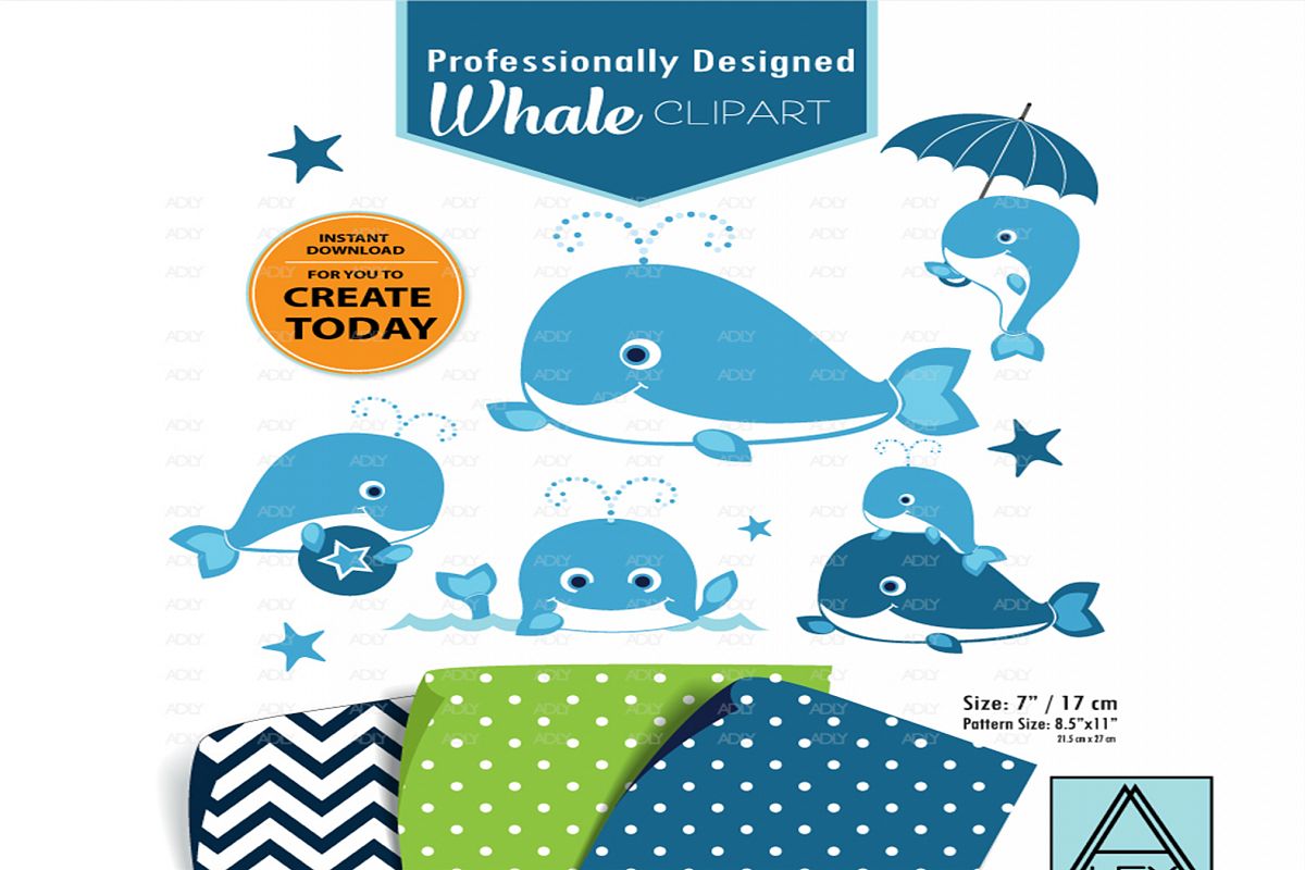 Blue Baby Whale with Umbrella ,sea,Clip Art,Instant Download example image 1