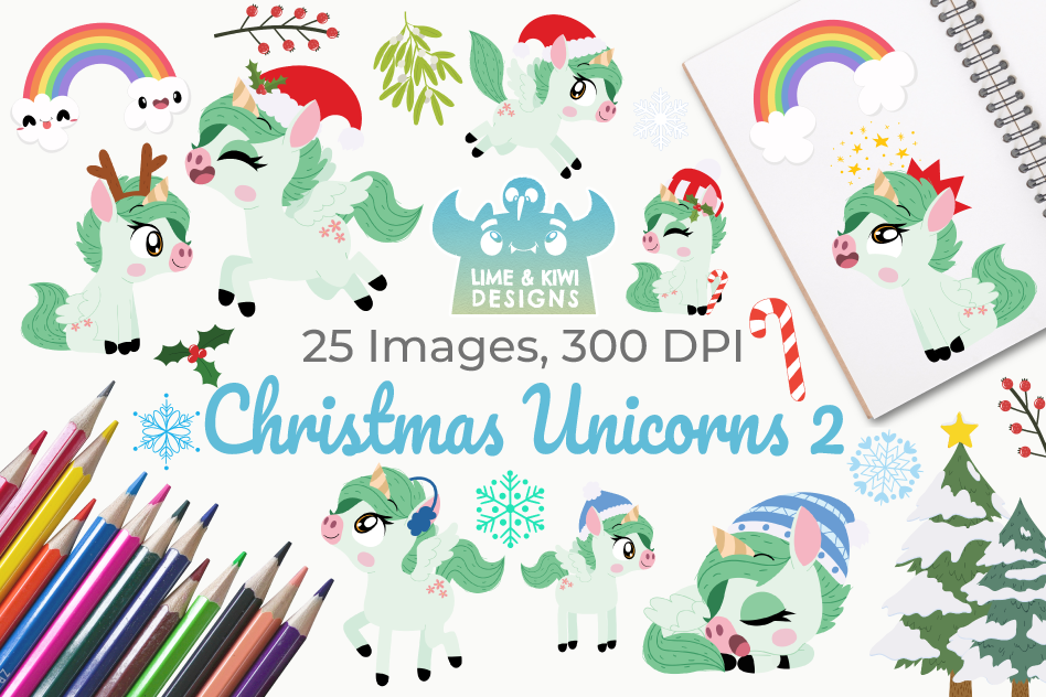 Christmas Unicorns 2 Clipart, Instant Download Vector Art example image 1