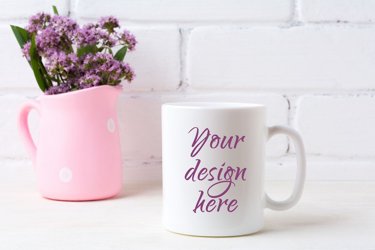 White coffee mug mockup with purple flowers in polka dot pink pitcher example image 1