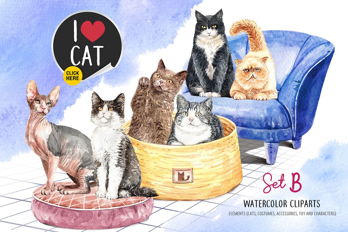 Cat watercolor Set B, Animal watercolor example image 1