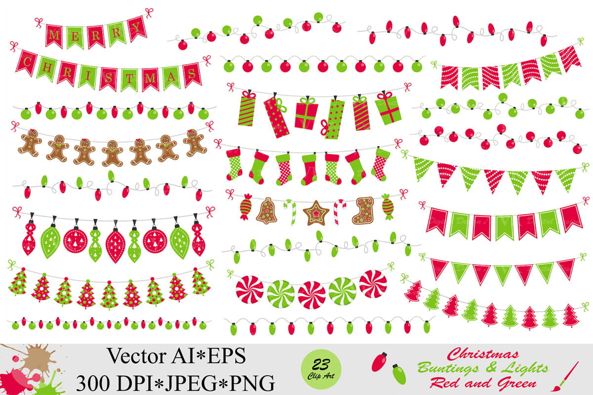 Christmas red and green bunting banners and string lights clipart - vector example image 1