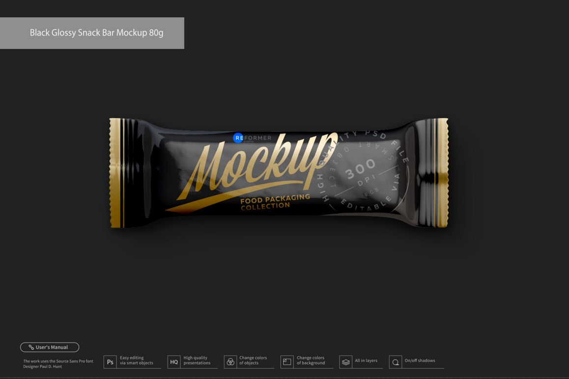 Black Glossy Snack Bar Mockup 80g example image 1