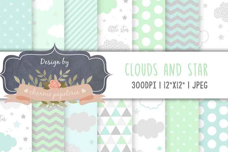 Clouds paper, Mint and blue digital papers, gray and mint pa example image 1