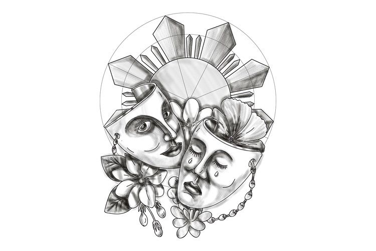 Drama Mask Hibiscus Sampaguita Flower Philippine Sun Tattoo example image 1
