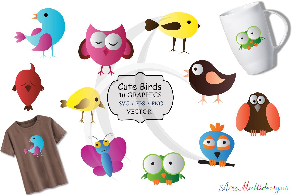 cute birds svg / bird clip art SVG /cute bird vector/ hand drawn doodle cute colourful birds / Eps / Png / printable graphics and illustrations example image 1