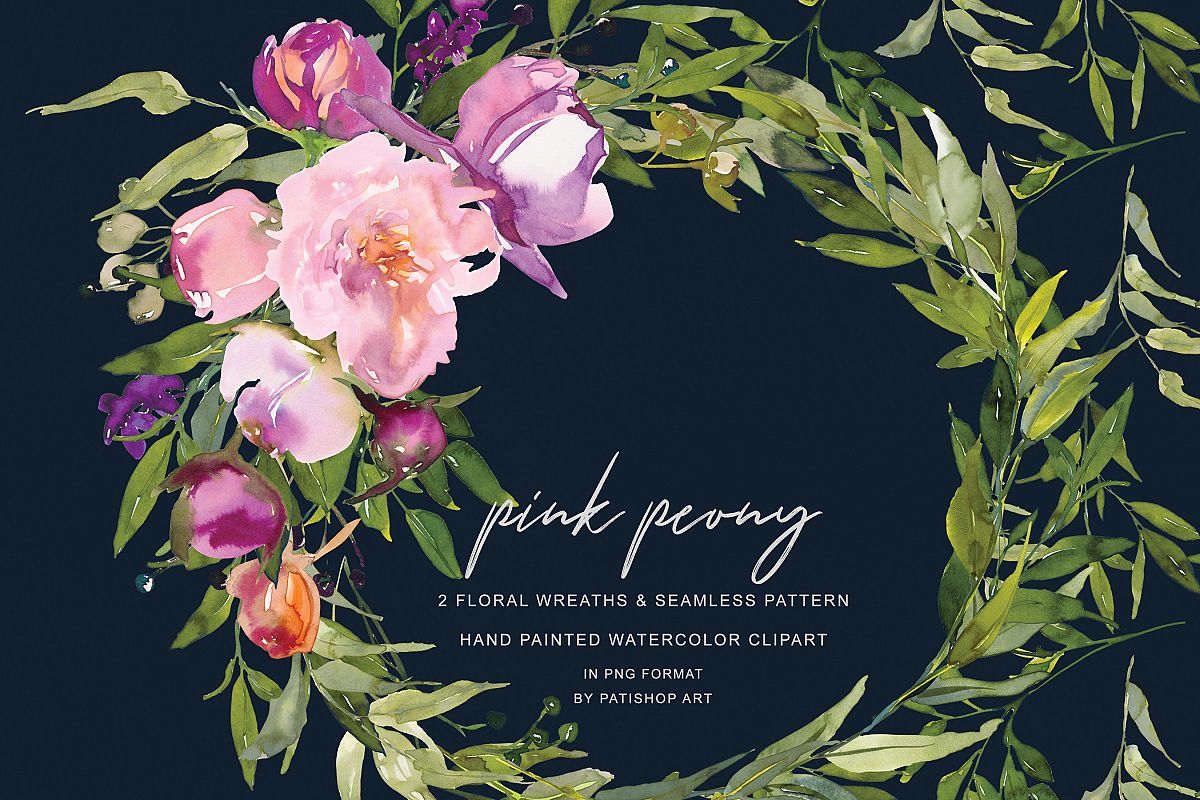 Watercolor Pink Peony Wreath Set example image 1