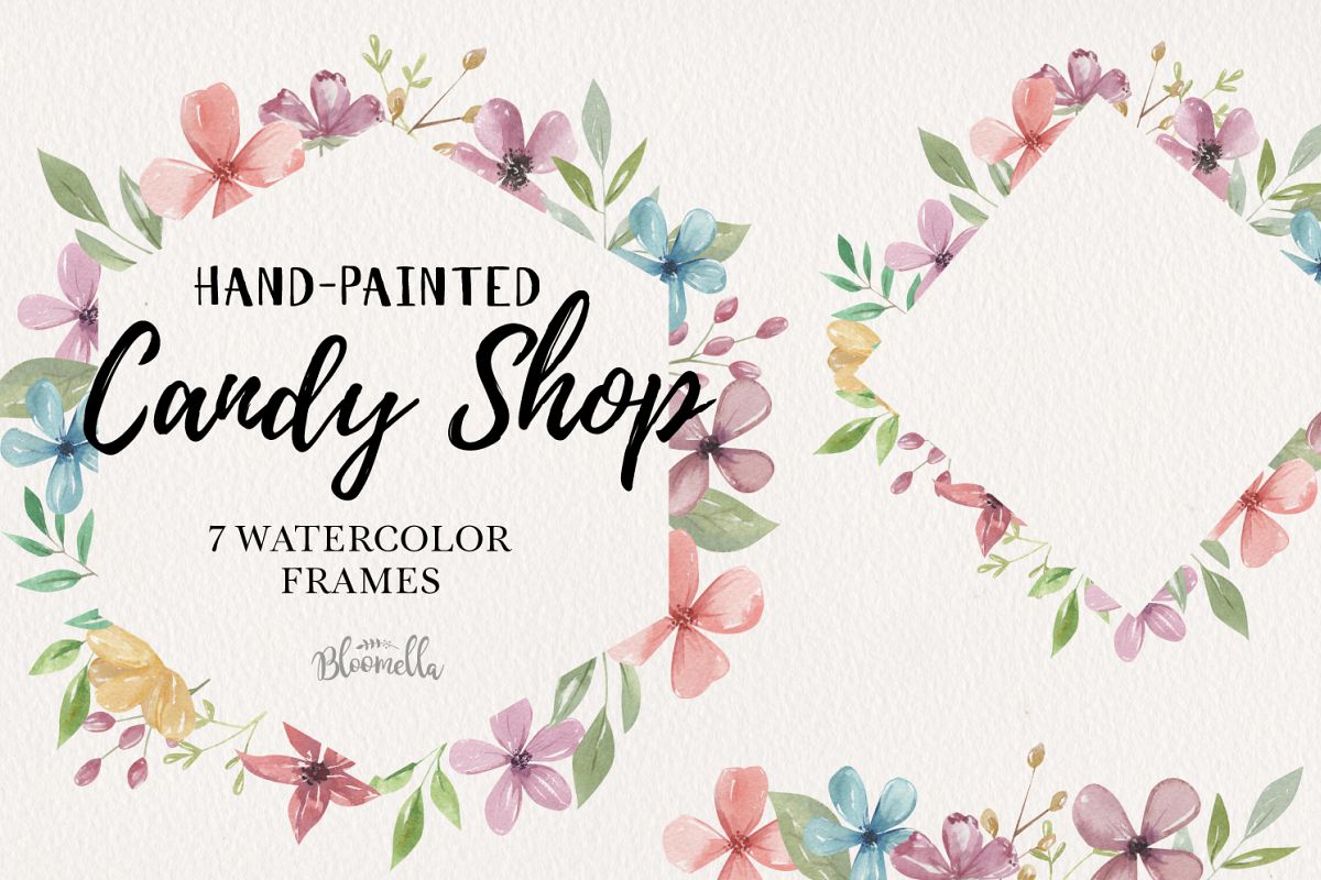 Candy Shop Flowers 7 Frames Borders Watercolor Pastels Pink example image 1