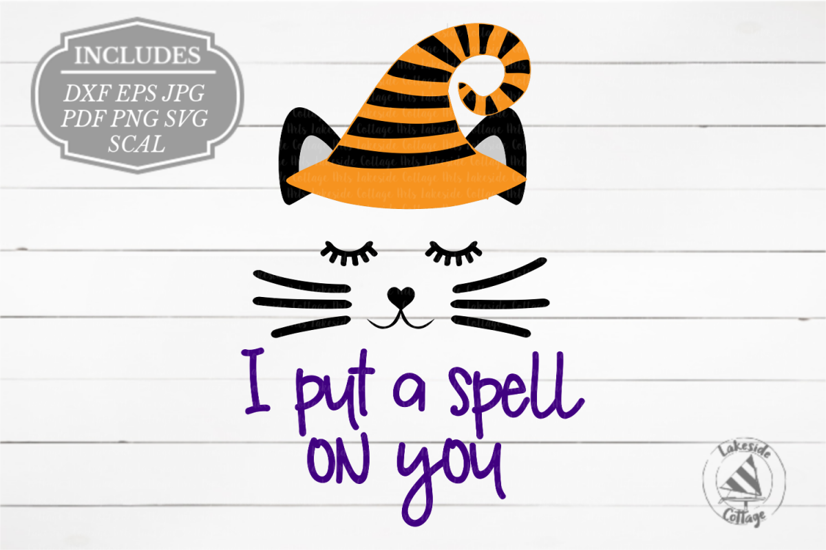 I Put a Spell on You Halloween Cat Face in Witch Hat SVG example image 1