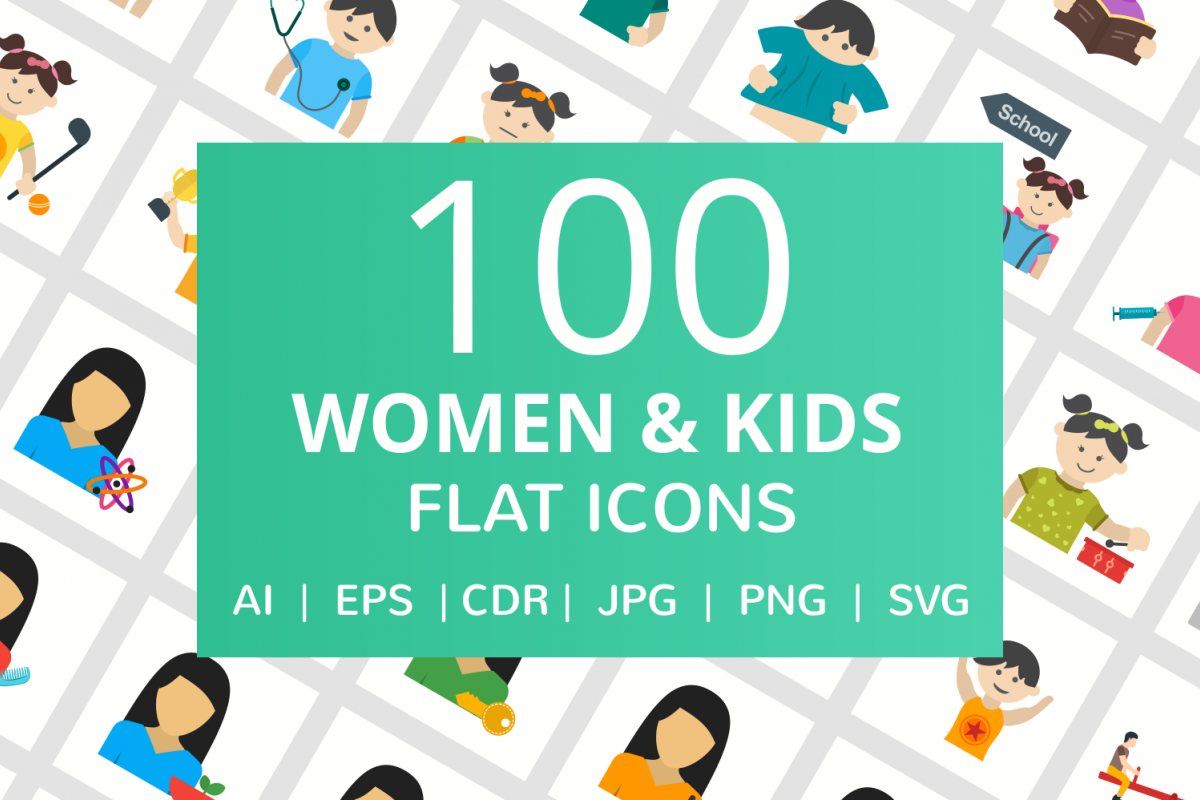 100 Women & Kids Flat Icons example image 1