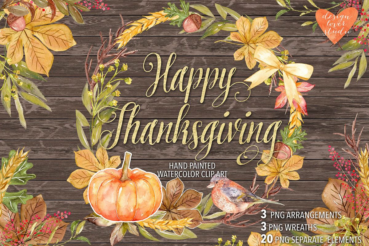 Watercolor Happy Thanksgiving cliparts example image 1